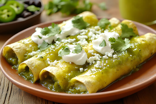 Close-up of green enchiladas topped with salsa and cilantro