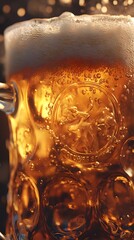 Isolated closeup of a cold glass of beer with bubbles, pouring from a bottle onto ice