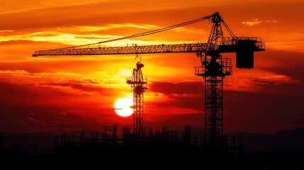 A silhouette of a crane against a vibrant sunset,