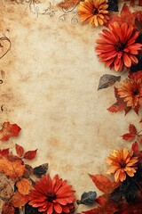 Rustic floral frame with autumn leaves and vibrant blooms for creative design projects and seasonal decor
