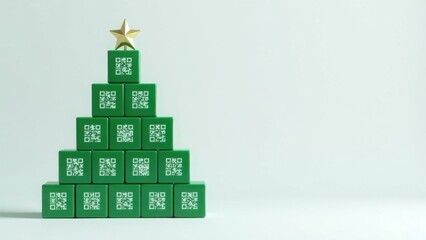 Green blocks with QR codes in the shape of a Christmas tree on a light background. Minimalist design with copy space. Christmas and technology concept. Design for greeting card, banner, poster