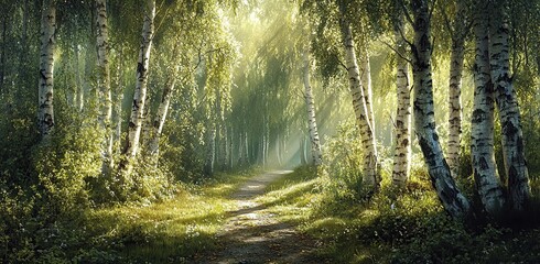 Obraz premium A serene birch forest with weeping willows, lush greenery, and sunlight filtering through the leaves