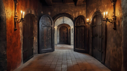Dark corridor illuminated by flickering candle flames in wrought iron candelabras, with peeling ochre walls, gothic arches, wooden doors hiding ancient secrets, and a cold, creaking tiled floor