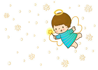 little angel card . holidays  illustration , little angel with golden glitter snowflake . 