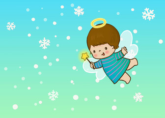 little angel card . vintage style , white snowflake background  . happy  holiday illustration for kid . 