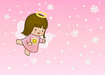 little angel card . vintage style , white snowflake background  . happy  holiday illustration for kid . 