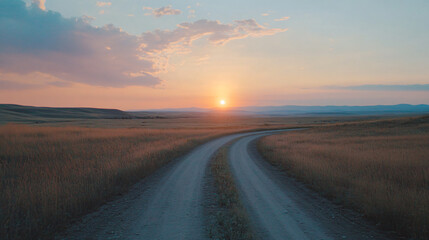 Fototapeta premium A scenic photograph of a dirt road winding through the fields, leading towards the horizon as the sun sets.