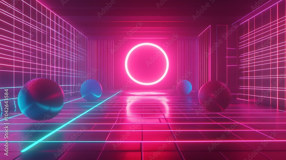 Poster a vibrant, futuristic scene featuring glowing spheres and neon lines, creating a striking visual wit