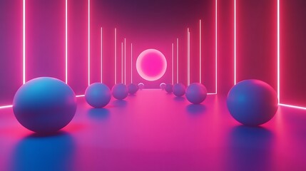 A vibrant, futuristic scene featuring glowing spheres and neon lights, creating a mesmerizing visual tunnel effect.