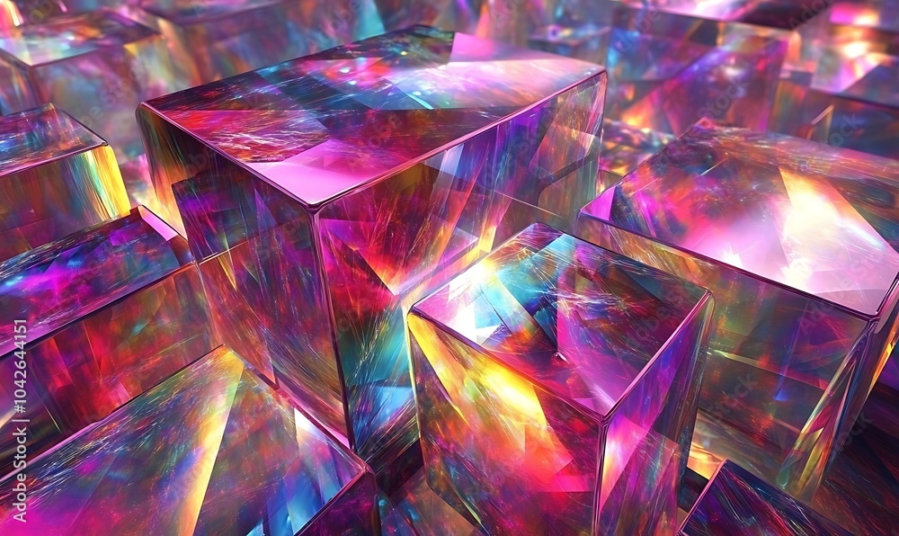 Poster A vibrant array of translucent cubes reflecting a spectrum of colors, creating a mesmerizing, kaleidoscopic effect.