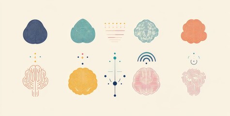 Collection of colorful hand-drawn brain illustrations with abstract elements in a minimalist style.