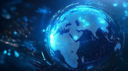 Fototapeta premium Blue hologram globe with world map with glowing data streams, ai global communication networks, virtual reality simulations, geospatial data visualization, and interactive educational experience