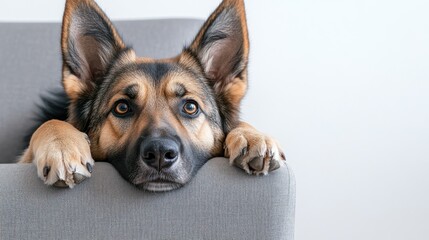 Obraz premium A close-up of a dog resting its head on a couch, looking thoughtfully at the viewer.