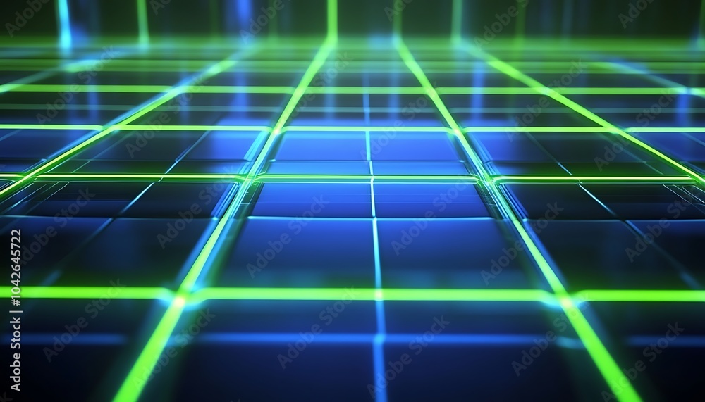 Aufkleber A futuristic grid pattern with glowing green and blue lines, creating a high-tech digital landscape effect.