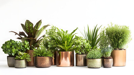 Fototapeta premium A group of small indoor plants in metallic pots