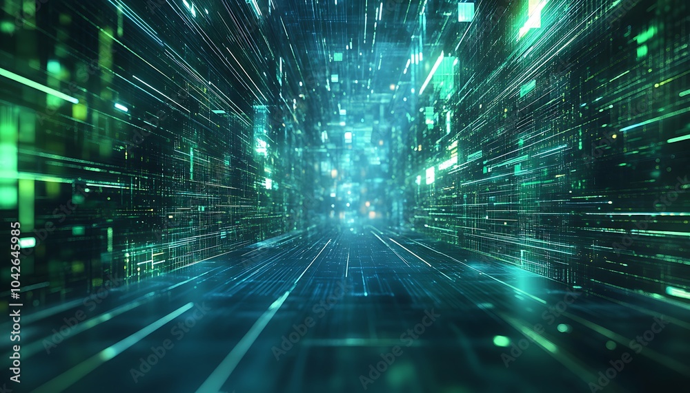 Aufkleber A futuristic digital landscape with streams of green data moving rapidly, creating a sense of depth and motion in a virtual environment.