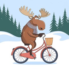Moose in Scarf Riding a Bicycle Illustration