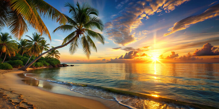 sunset on the beach. beach, palm, sea, tropical, tree, ocean, island, sky, sand, paradise, water, summer, travel, nature, vacation, landscape, coast, sun, coconut, caribbean, holiday, seascape, touris