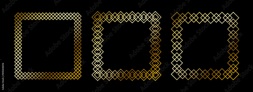 Poster gold thin frames set. golden square borders in art deco style. thin linear radiance rectangular elem