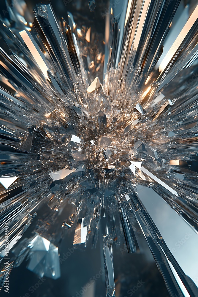 Aufkleber A dynamic explosion of crystal-like structures radiating outward, showcasing intricate patterns and reflective surfaces.