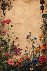 Naklejka premium Explore the beauty of nature with vibrant wildflowers framing an aged background for artistic creations and designs