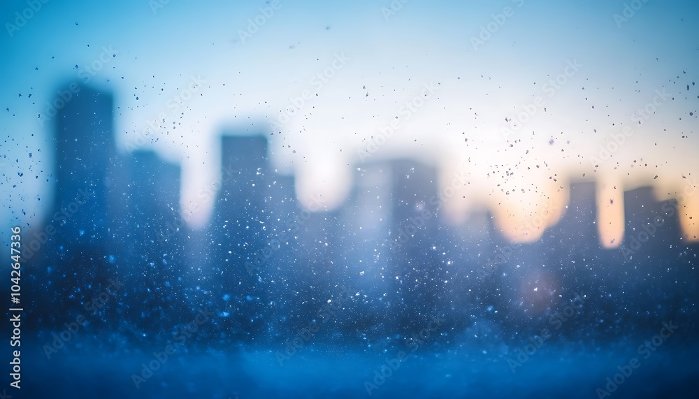 Poster a blurred city skyline is seen through a rain-splattered window, creating a serene, moody atmosphere