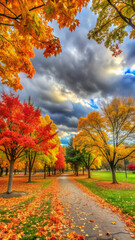 autumn in the park. autumn, tree, fall, landscape, nature, sky, leaves, park, trees, forest, season, leaf, yellow, grass, maple, blue, foliage, orange, red, color, colorful, woods, plant, outdoors, ga