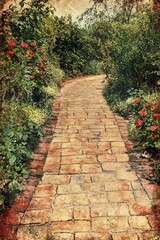 Exploring the serene pathway through a lush garden of vibrant roses and greenery inviting tranquility and reflection
