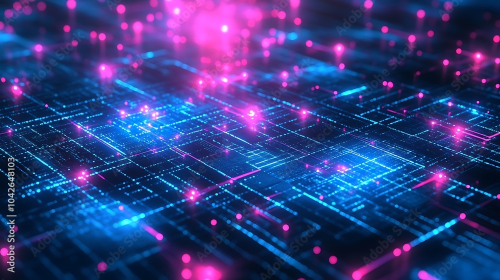 Poster a vibrant abstract depiction of glowing digital data streams in blue and pink hues, showcasing a fut
