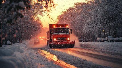 snowplow truck clears a snowy city street during winter. The powerful machine pushes through thick snow, symbolizing resilience, perseverance, and the unstoppable force of progress in urban life
