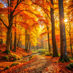 Fototapeta premium autumn in the park. autumn, forest, fall, tree, trees, nature, landscape, park, leaves, road, foliage, leaf, yellow, woods, path, season, orange, wood, red, october, colorful, sun, golden, alley, trai