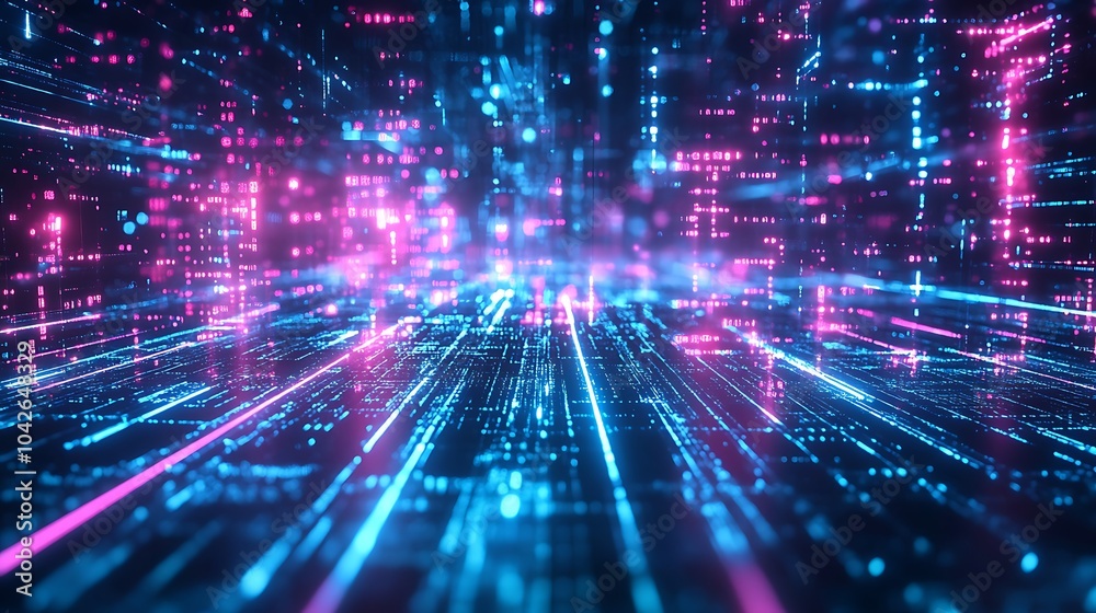Poster a vibrant, futuristic digital landscape with glowing blue and pink lines and particles, suggesting h