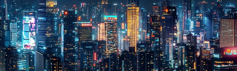 A vibrant city skyline illuminated by colorful lights at night, showcasing towering skyscrapers and a bustling urban atmosphere.