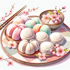 Delight in this beautifully arranged platter of colorful mochi, surrounded by delicate cherry blossoms. vibrant hues and intricate designs create serene and inviting atmosphere