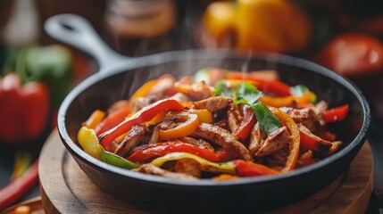 A sizzling skillet of colorful fajitas with peppers and chicken, ready to serve.