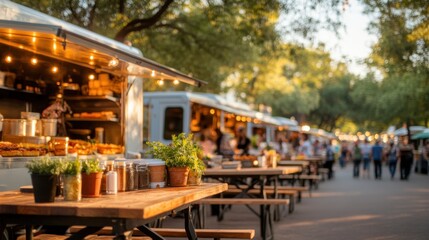 Naklejka premium Colorful Food Trucks on a Lively Street