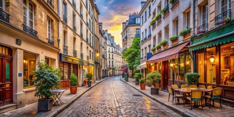 Fototapeta premium Narrow street in the Latin Quarter of Paris surrounded by traditional Parisian houses and cafes, Paris, France