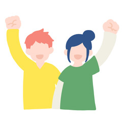 横に並んでガッツポーズをする仲良しペア[男女]のフラットなイラスト
