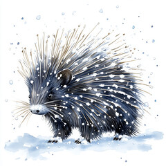 Obraz premium A porcupine covered in snow stands still in a winter wonderland landscape