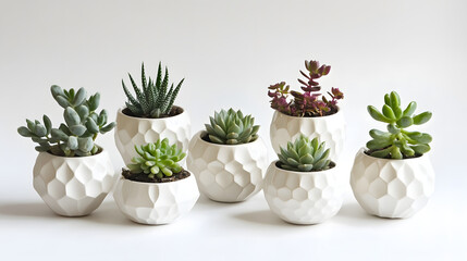 Obraz premium Minimalist white ceramic pots with modern indoor succulents