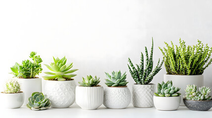 Fototapeta premium Minimalist white ceramic pots with modern indoor succulents