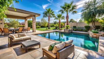 Fototapeta premium Outdoor patio and poolside oasis for relaxing and soaking up the sun, backyard, patio, outdoor, pool, swimming pool