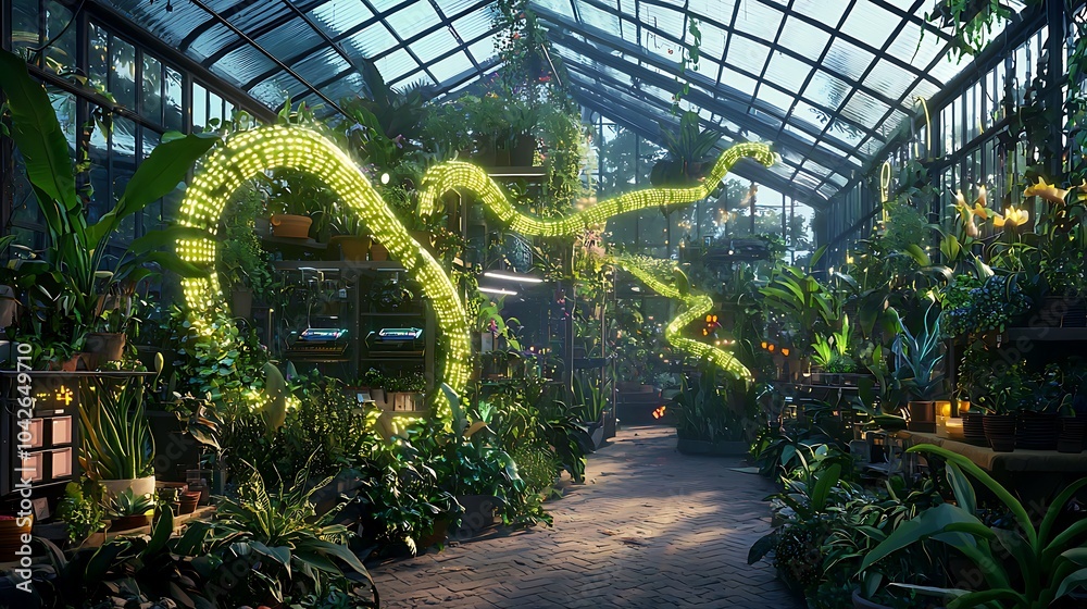 Poster exploring the fusion of nature and technology in a robotic greenhouse environment where plants flour