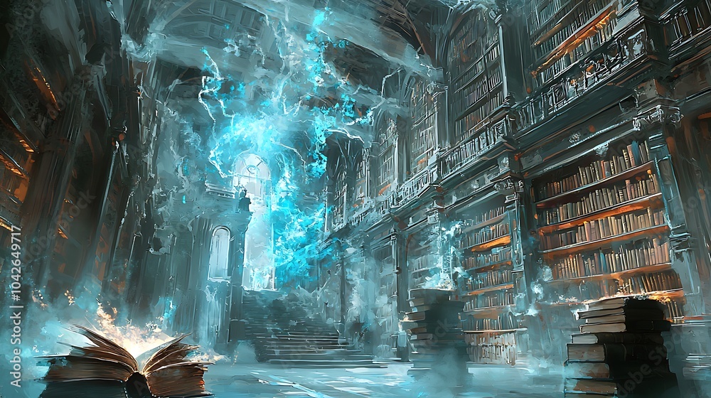 Poster a mystical journey through an enchanted library with abandoned bookshelves and ethereal light fillin