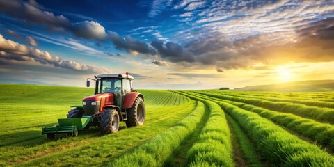 Obraz premium Tractor mowing lush green field, Agriculture, Farming, Machinery, Tractor, Field, Green, Grass, Landscape, Rural, Summer, Harvest