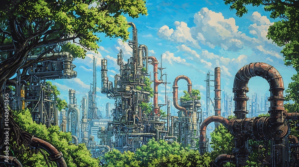 Poster a futuristic skyline exploring the interconnected world of machinetrees and industrial pipes amidst 