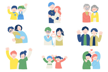 多世代の仲良しペア[男女]のフラットなイラスト(セット)
