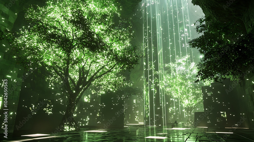 Poster Exploring a mystical subterranean city illuminated by bioluminescent trees and ethereal light streams