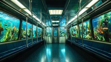 A dreamlike subway journey through an underwater wonderland exploring the vibrant marine life of an enchanted transit car