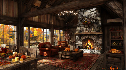A rustic wooden lodge with a stone fireplace, creating a warm gathering place for Thanksgiving.